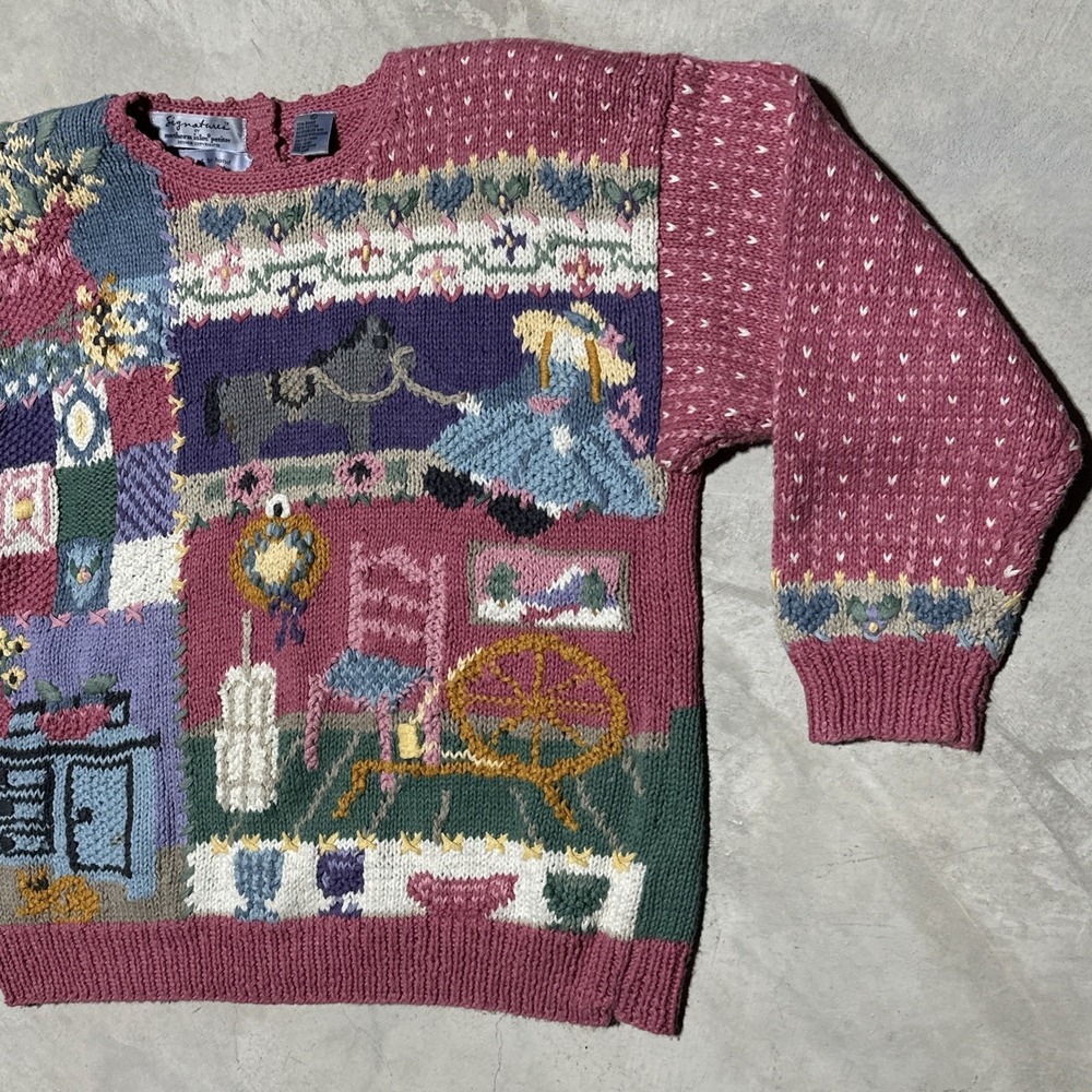 Vintage Hand Knitted Cardigan Sweater SZ L Cottagecore Antiques Farm House Pink - Picture 2 of 13